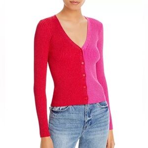 Staud Cargo Metallic Ribbed Cardigan Small Pink Red Colorblock V-Neck Sweater